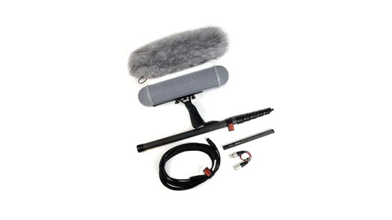 Sennheiser shotgun boom microphone in a blimp with furry windshield