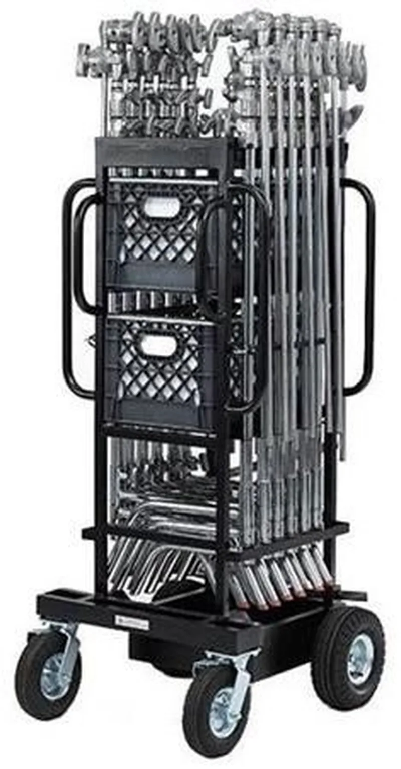 Studio C-stand and sandbag package cart loaded with fourteen C-stands