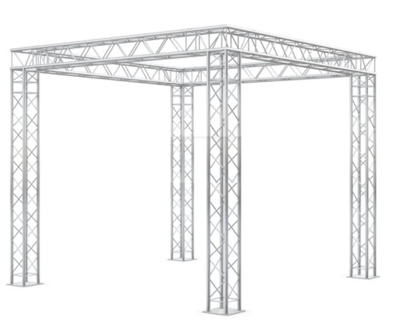 Clear span truss system sections staged on the studio floor
