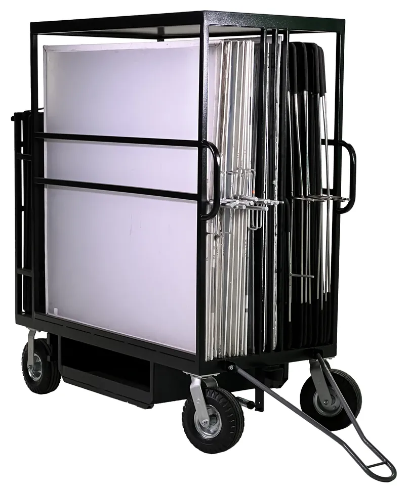 Studio flag and bounce cart stocked with flags, nets, and bounce cards