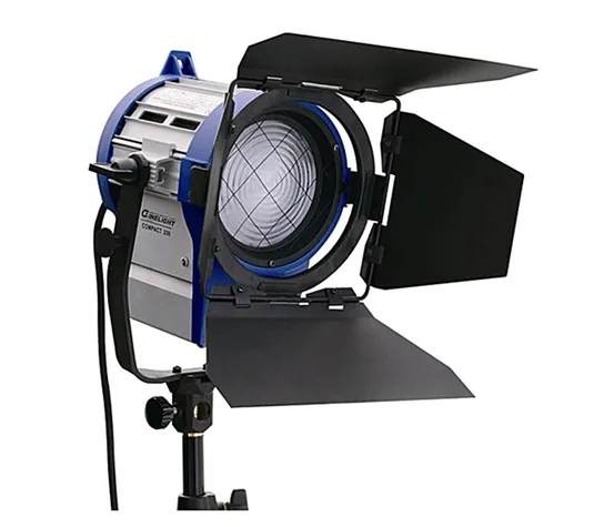 200 watt HMI fresnel with barn doors mounted on a light stand