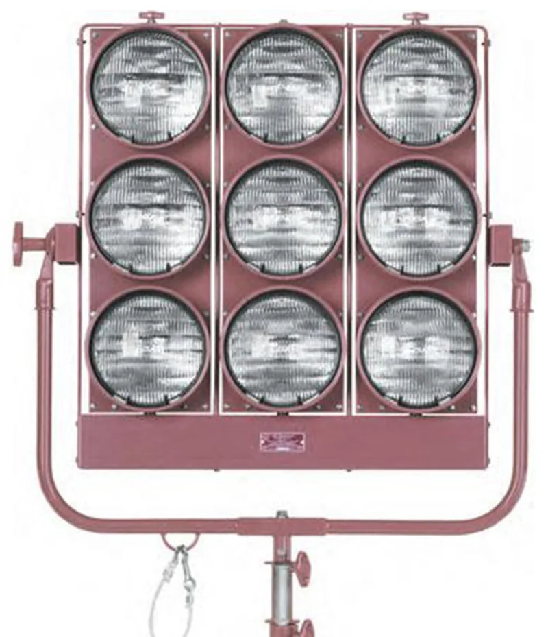 Mole Richardson 9K nine-light Maxi Brute tungsten fixture on a stand