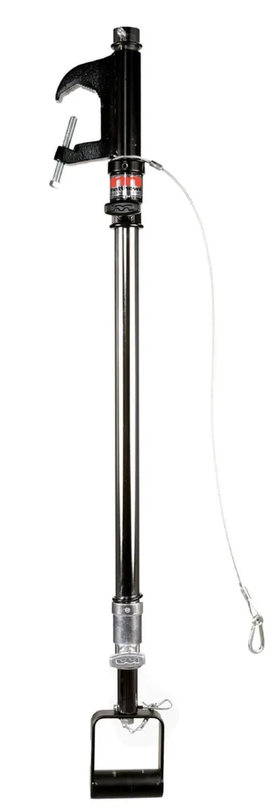 Telescoping pipe grid stirrup hanger with safety cable for stage grid lighting