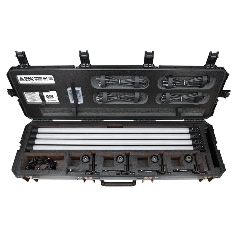 Quasar Science Q50R2 quad kit: four 4 ft LED tubes with power cables and mounts in an open hard case
