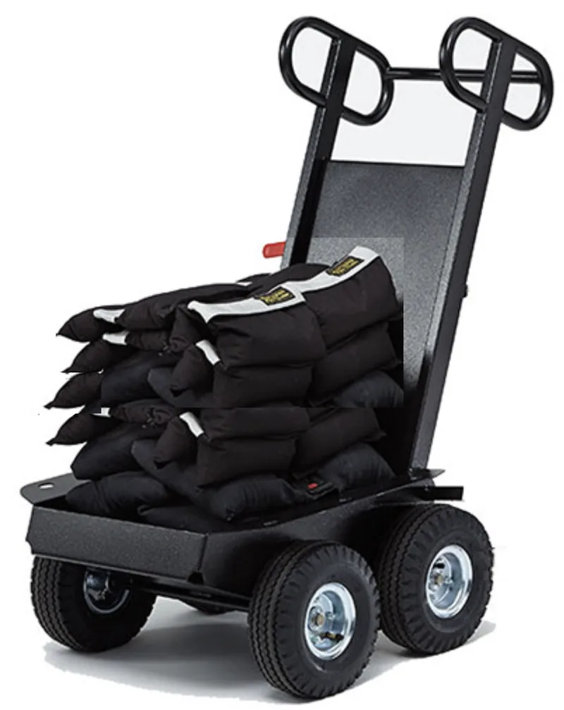 Sandbag muscle cart loaded with sixteen sandbags on the stage floor