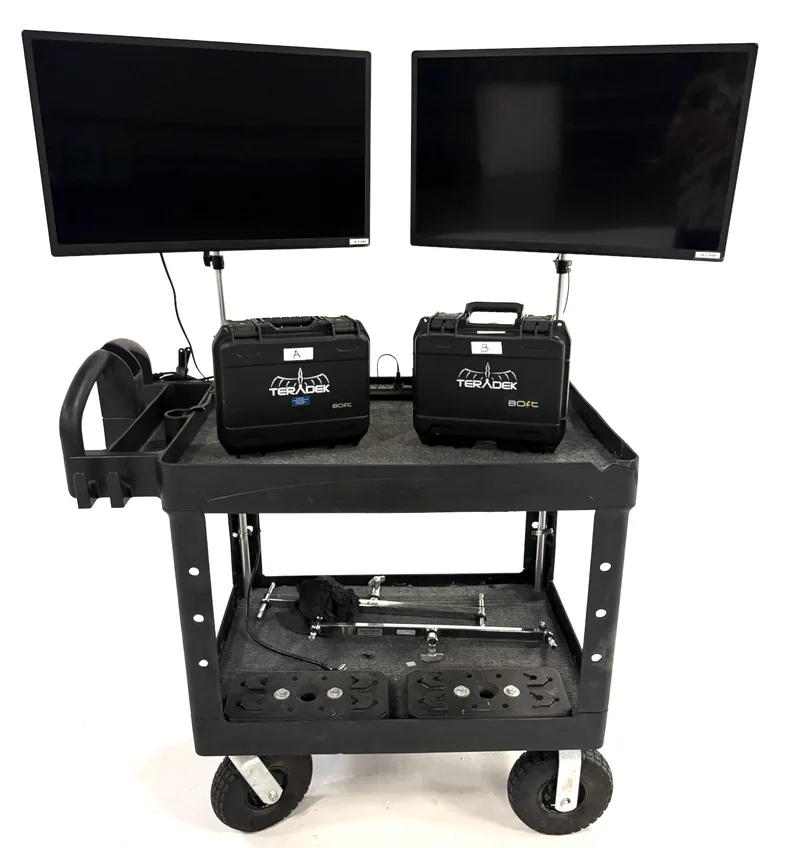 Mobile video village cart with client monitors, canopy and director's chairs